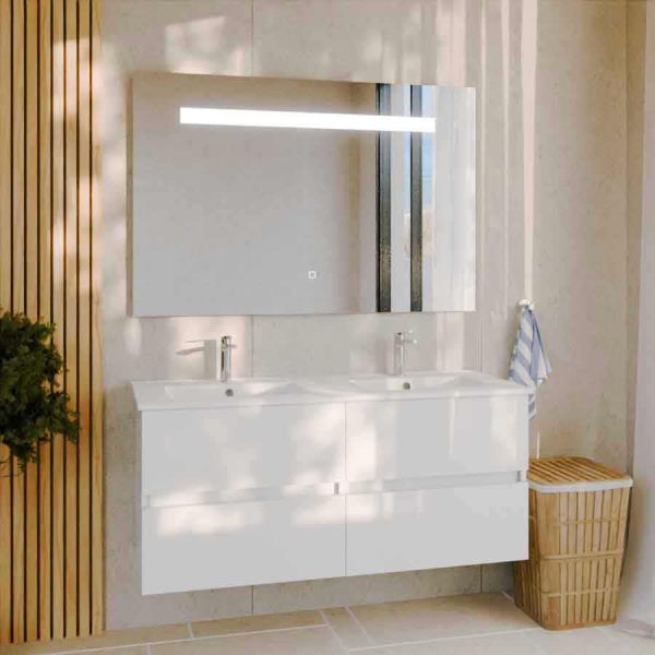 Meuble salle de bain double vasque suspendu 120 cm avec plan vasque en céramique ROSALY et miroir led Elegance h80 cm - Blanc br