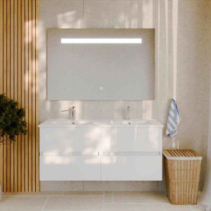 Meuble salle de bain double vasque suspendu 120 cm avec plan vasque en céramique ROSALY et miroir led Elegance h80 cm - Blanc br