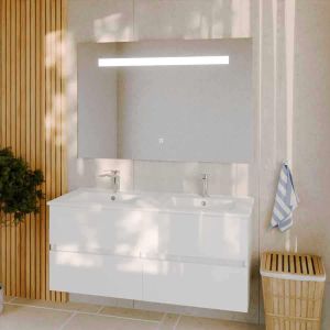 Meuble salle de bain double vasque suspendu 120 cm avec plan vasque en céramique ROSALY et miroir led Elegance h80 cm - Blanc br