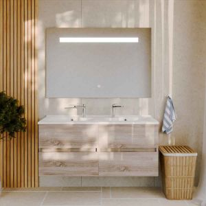 Meuble double vasque 120 cm ROSALY avec miroir Elégance ht80 Meuble salle de bain double vasque suspendu 120 cm avec plan vasque en résine ROSALY et miroir led Elegance h80 cm - Cambrian