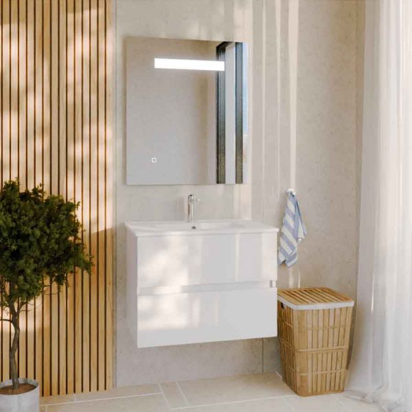 Meuble ROSALY 70 cm avec plan vasque en céramique et miroir Elegance Hauteur 80 cm - Blanc brillant