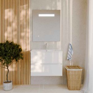 Meuble ROSALY 70 cm avec plan vasque en céramique et miroir Elegance Hauteur 80 cm - Blanc brillant