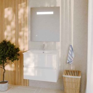 Meuble ROSALY 70 cm avec plan vasque en céramique et miroir Elegance Hauteur 80 cm - Blanc brillant