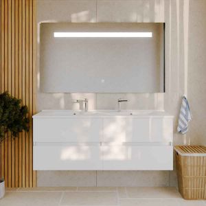 Meuble salle de bain double vasque suspendu 140 cm avec plan vasque en résine ROSALY et miroir led Elegance h80 cm - Blanc brill