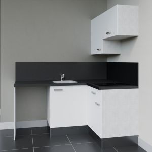 Kitchenette d'angle KA02L-PT - plan de travail et crédences noirs, façades blanches, évier à droite