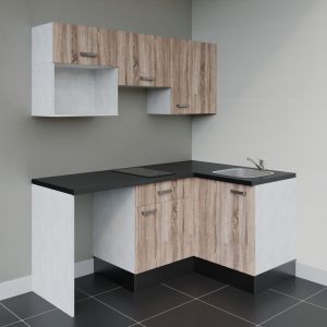 Kitchenette d'angle KA03L-PT avec plan de travail et évier Kitchenette d'angle KA03L-PT avec plan de travail noir, façades bois et évier - Gauche