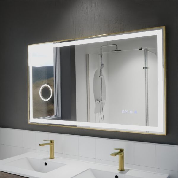 Miroir LED cadre doré CARA 120 cm x 70 cm - antibuée, horloge et loupe - Lumière neutre