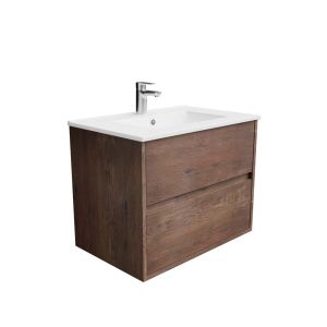 Meuble vasque suspendu ALIXIA 70 cm - aspect chêne foncé - Vasque en céramique