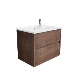 Meuble vasque suspendu ALIXIA 70 cm - aspect chêne foncé - Vasque en céramique
