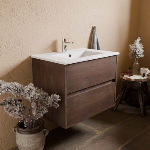 Meuble vasque suspendu ALIXIA 70 cm - aspect chêne foncé - Vasque en céramique