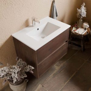 Meuble vasque suspendu ALIXIA 70 cm - aspect chêne foncé - Vasque en céramique