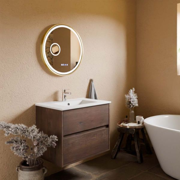 Meuble vasque suspendu bois foncé ALIXIA 70 cm + miroir Orana + vasque en céramique
