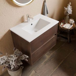 Meuble vasque suspendu bois foncé ALIXIA 70 cm + miroir Orana + vasque en céramique