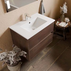 Meuble vasque suspendu bois foncé ALIXIA 70 cm + miroir Excell Plus - Vasque en céramique