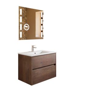 Meuble vasque suspendu bois foncé ALIXIA 70 cm + miroir Excell Plus - Vasque en céramique