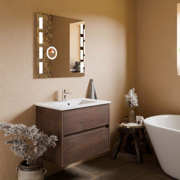 Meuble vasque suspendu bois foncé ALIXIA 70 cm + miroir Excell Plus - Vasque en céramique