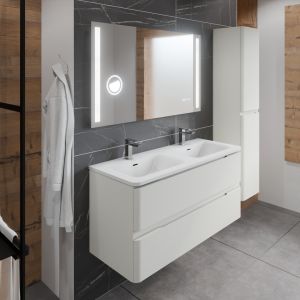 Meuble 120 cm IVORY blanc mat avec plan double vasque miroir LED