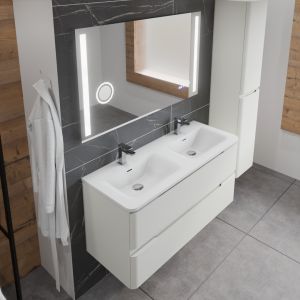 Meuble 120 cm IVORY blanc mat avec plan double vasque miroir LED