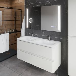 Meuble 120 cm IVORY blanc mat avec plan double vasque miroir LED