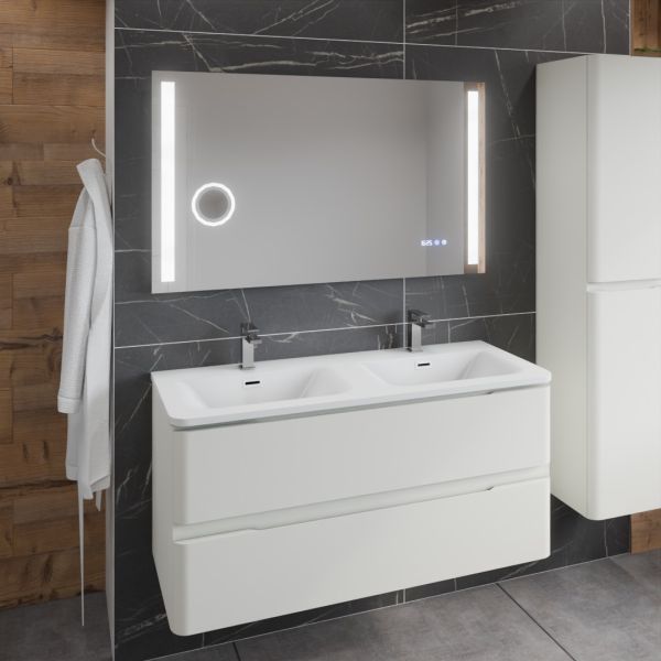 Meuble 120 cm IVORY blanc mat avec plan double vasque miroir LED