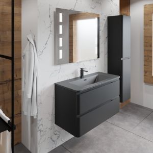 Meuble salle de bain noir mat avec plan simple vasque noir et miroir LED - PEARL