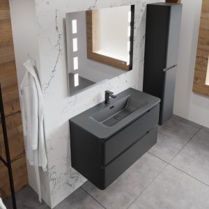 Meuble salle de bain noir mat avec plan simple vasque noir et miroir LED - PEARL