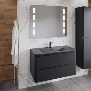 Meuble salle de bain noir mat avec plan simple vasque noir et miroir LED - PEARL