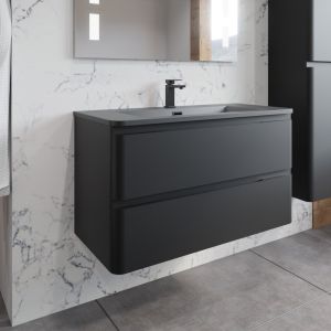 Meuble salle de bain noir mat avec plan simple vasque noir et miroir LED - PEARL