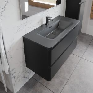 Meuble salle de bain noir mat avec plan simple vasque noir et miroir LED - PEARL