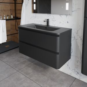 Meuble salle de bain noir mat avec plan simple vasque noir et miroir LED - PEARL