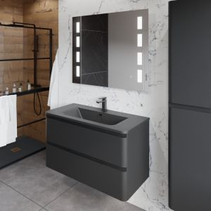 Meuble salle de bain noir mat avec plan simple vasque noir et miroir LED - PEARL