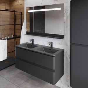 Meuble PEARL 120 cm noir mat, avec plan double vasque noir et miroir LED avec tablette en métal noir 