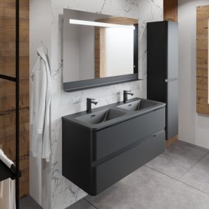 Meuble PEARL 120 cm noir mat, avec plan double vasque noir et miroir LED avec tablette en métal noir 