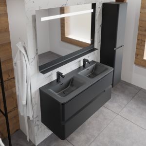 Meuble PEARL 120 cm noir mat, avec plan double vasque noir et miroir LED avec tablette en métal noir 