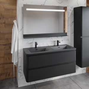 Meuble PEARL 120 cm noir mat, avec plan double vasque noir et miroir LED avec tablette en métal noir 