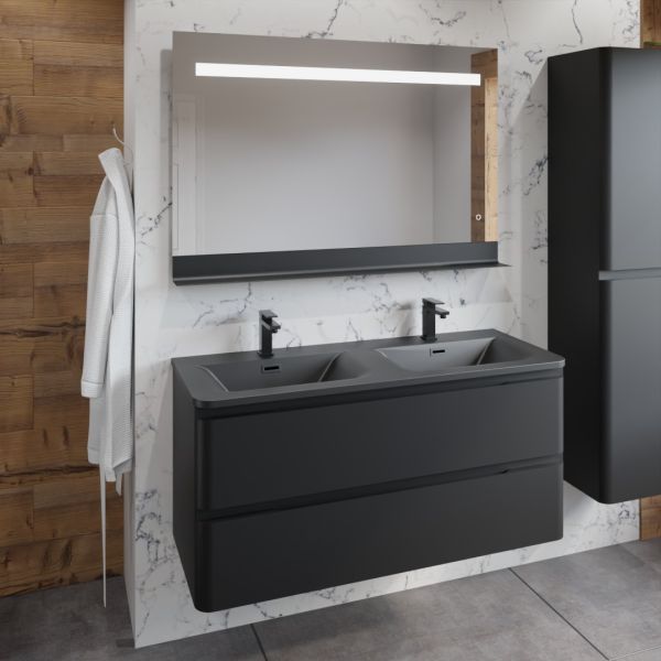 Meuble PEARL 120 cm noir mat, avec plan double vasque noir et miroir LED avec tablette en métal noir 