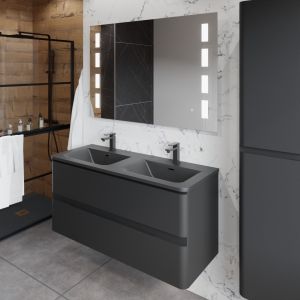 Meuble PEARL 120 cm noir mat, avec plan double vasque noir et miroir LED 120 cm avec antibuée 