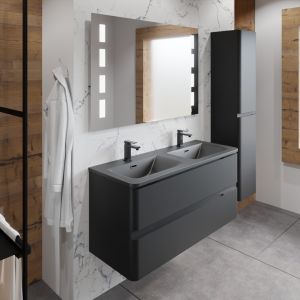 Meuble PEARL 120 cm noir mat, avec plan double vasque noir et miroir LED 120 cm avec antibuée 
