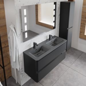 Meuble PEARL 120 cm noir mat, avec plan double vasque noir et miroir LED 120 cm avec antibuée 