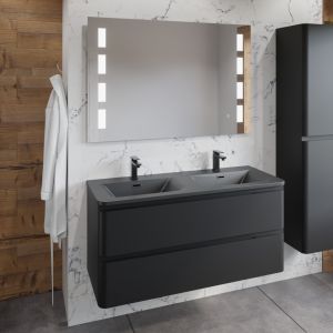 Meuble PEARL 120 cm noir mat, avec plan double vasque noir et miroir LED 120 cm avec antibuée 