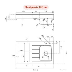 Plan de travail monobloc PlaniQuartz avec évier - 100 cm  x 63 cm - Schéma