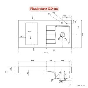 Plan de travail monobloc PlaniQuartz avec évier - 120 cm - Schéma