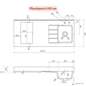 Plan de travail monobloc PlaniQuartz avec évier - 140 cm - Schéma