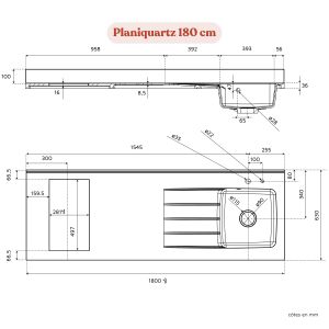 Plan de travail monobloc PlaniQuartz avec évier - 180 cm - Schéma