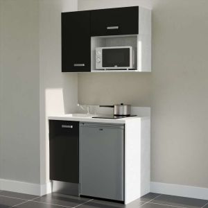 Kitchenette K00 - 100 cm - meubles noir, plan monobloc blanc avec évier à gauche