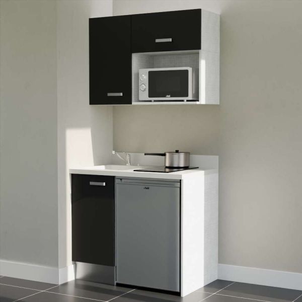 Kitchenette K00 - 100 cm - meubles noir, plan monobloc blanc avec évier à gauche