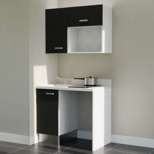 Kitchenette K00 - 100 cm - meubles noir, plan monobloc blanc avec évier à gauche