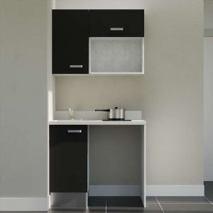 Kitchenette K00 - 100 cm - meubles noir, plan monobloc blanc avec évier à gauche