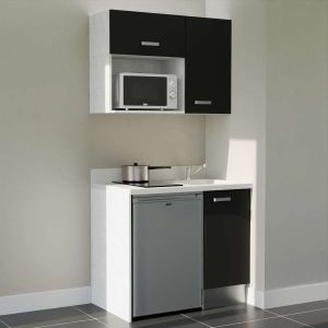 Kitchenette K00 - 100 cm - meubles noir, plan monobloc blanc avec évier à droite 
