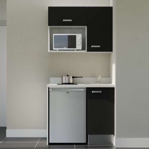 Kitchenette K00 - 100 cm - meubles noir, plan monobloc blanc avec évier à droite 